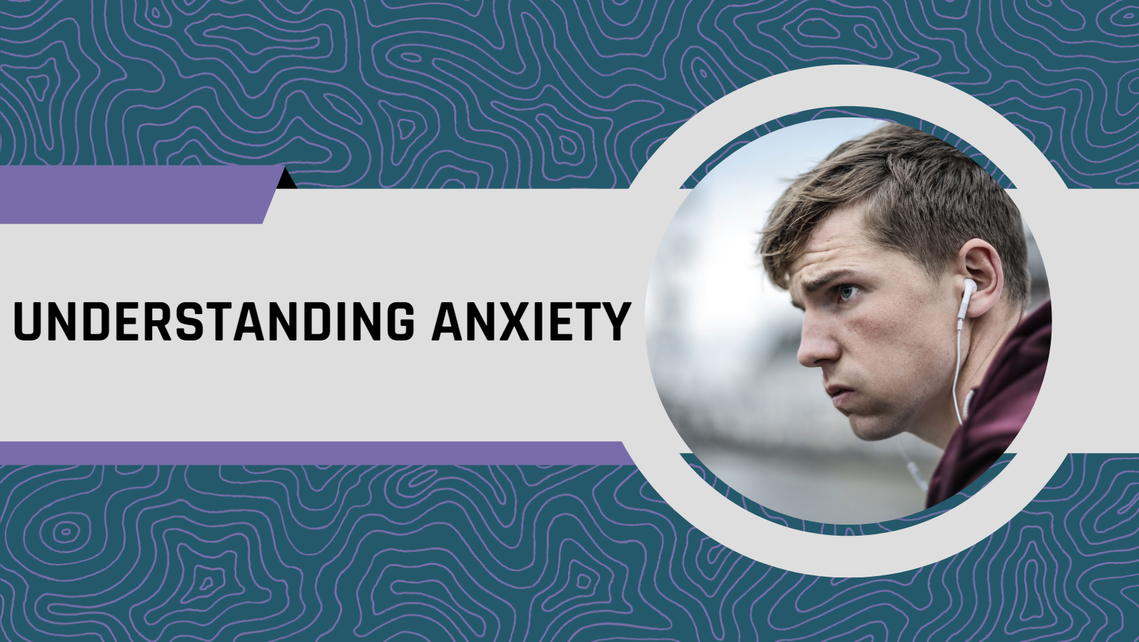 Green background with purple swirls. Grey strip across the middle, with a circle on the right hand side with a teenage boy who looks unhappy facing left