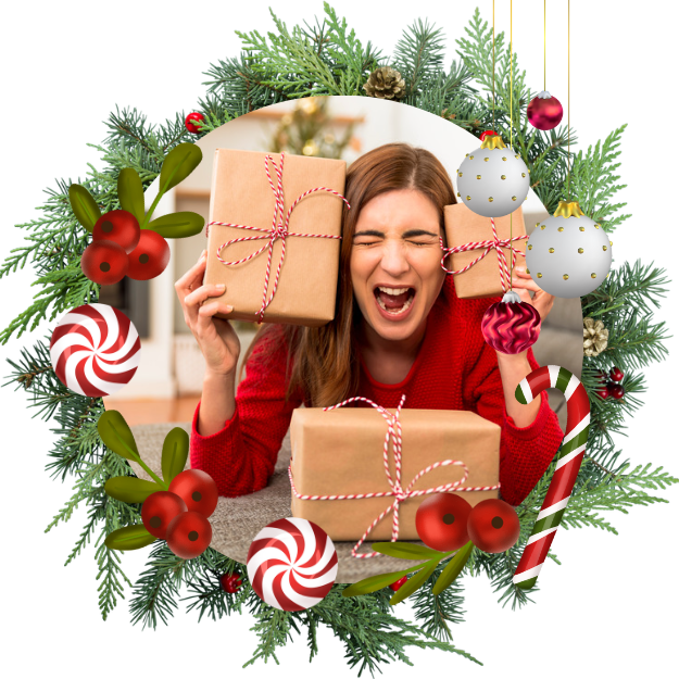 Woman looking stressed holding wrapped presents framed by a christmas wreath