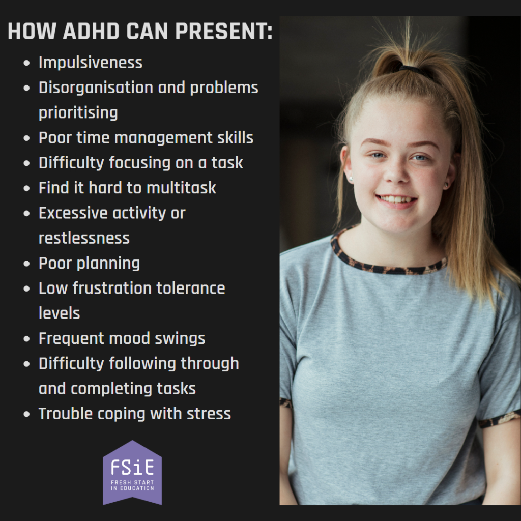 teenager girl smiling at the camera alongside words describing ADHD