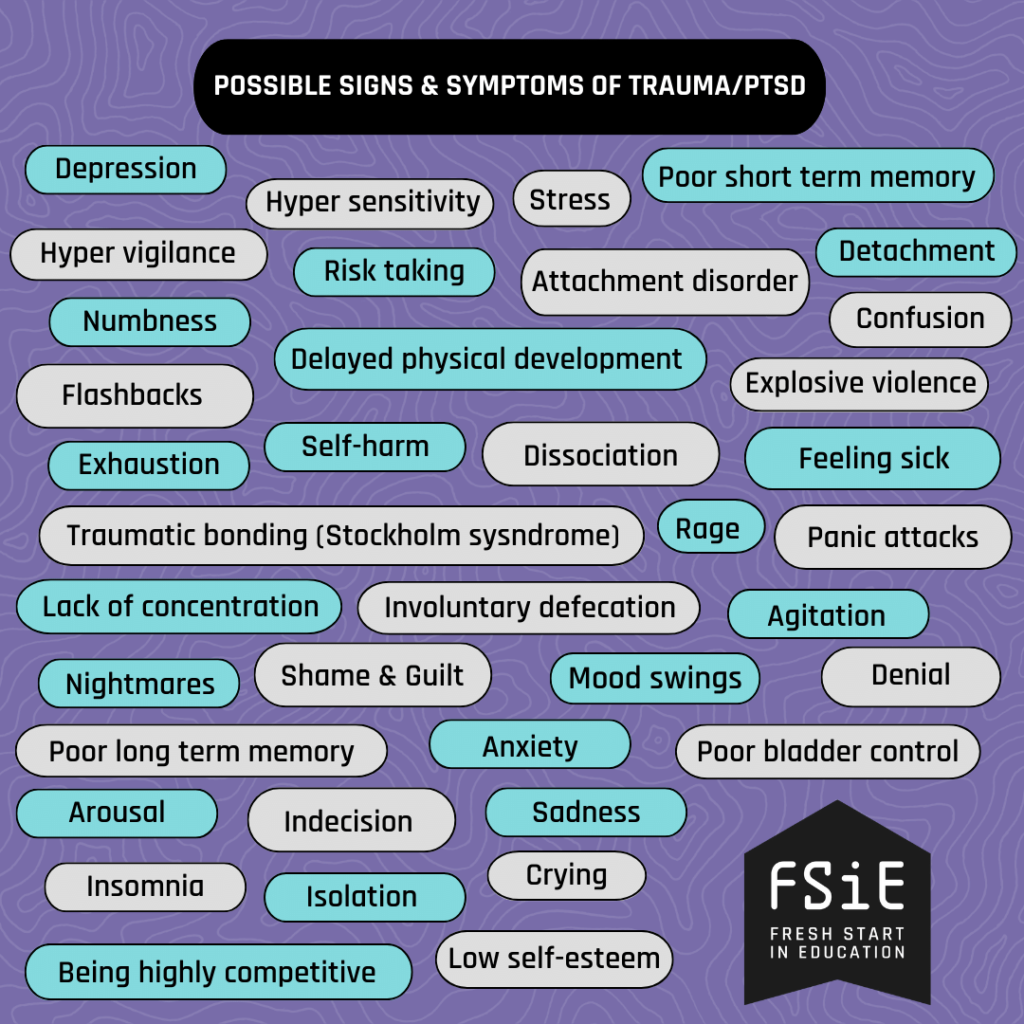List of possible signs and symptoms of trauma/ptsd.
Depression, Exhaustion, Confusion, Sadness, Anxiety, Agitation, Numbness, Detachment, Dissociation, Arousal, Rage, Low Self-esteem, Mood Swings, Lack of Concentration, Indecision, Crying, Nightmares, Flashbacks, Stress, Feeling Sick, Shame and Guilt, Isolation, Involuntary Defication, Poor Bladder Control, Risk Taking, being Highly Competitive, Denial, Poor Long term Memory, Poor Short term Memory, ADHD, Attachment disorder,  Explosive Violence, Insomnia, Panic Attacks, Mental Confusion, Self Harm, Hyper Vigilance, Hyper sensitivity, Traumatic Bonding (Stockholm syndrome), Delayed Physical Development.